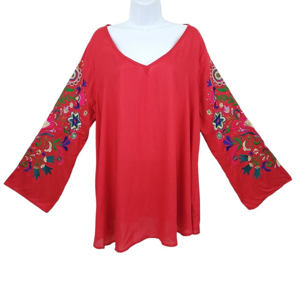 Judith March Floral Embroidered Sleeve Top Womens Size L Long Sleeve Red NEW